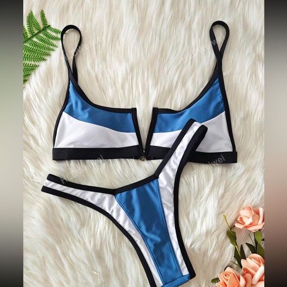 Blue and White Women's Bikini Set Brazilian bottom - Picture 3 of 6